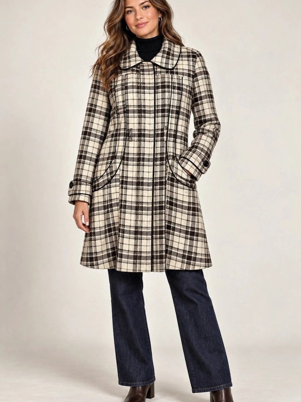 Majora Wool Blend Plaid Coat Cream Brown Contrast Piping Size Large